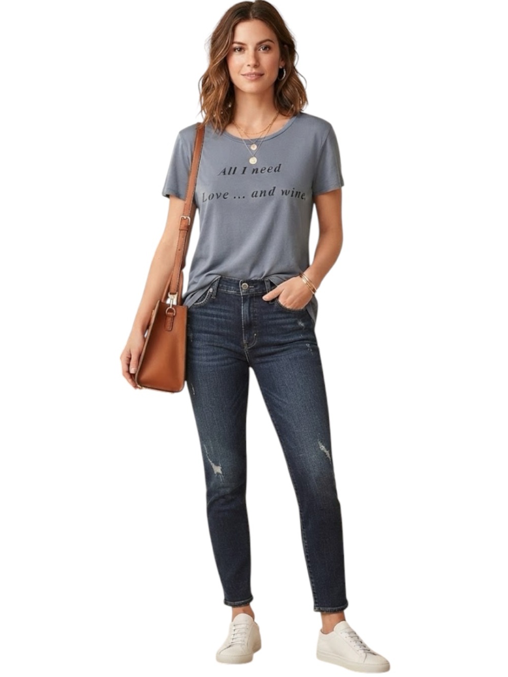 GAZE USA All You Need Is Love & Wine Print Tee/Top With Cap Sleeves Blue Small